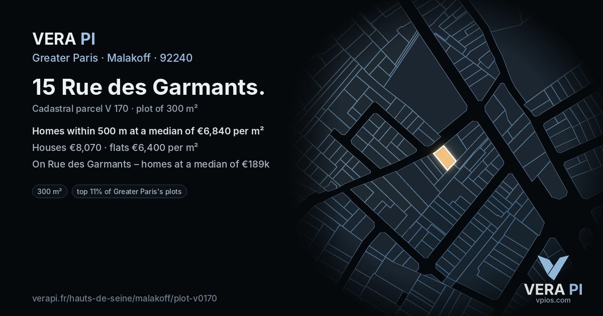 15 Rue des Garmants, Malakoff at night – the plot lit, the parcels around coloured by the prices near them