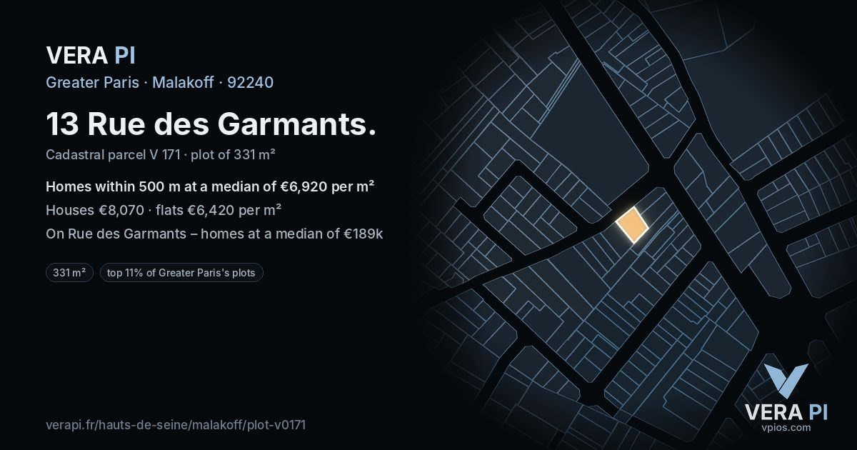 13 Rue des Garmants, Malakoff at night – the plot lit, the parcels around coloured by the prices near them