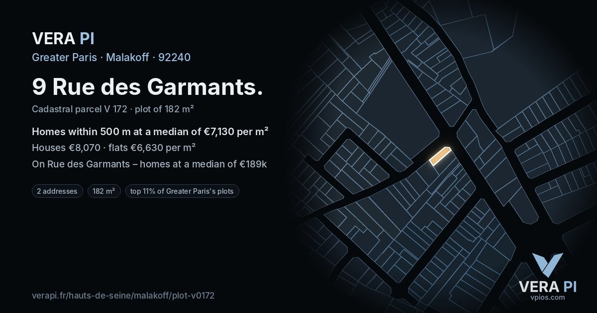 9 Rue des Garmants, Malakoff at night – the plot lit, the parcels around coloured by the prices near them