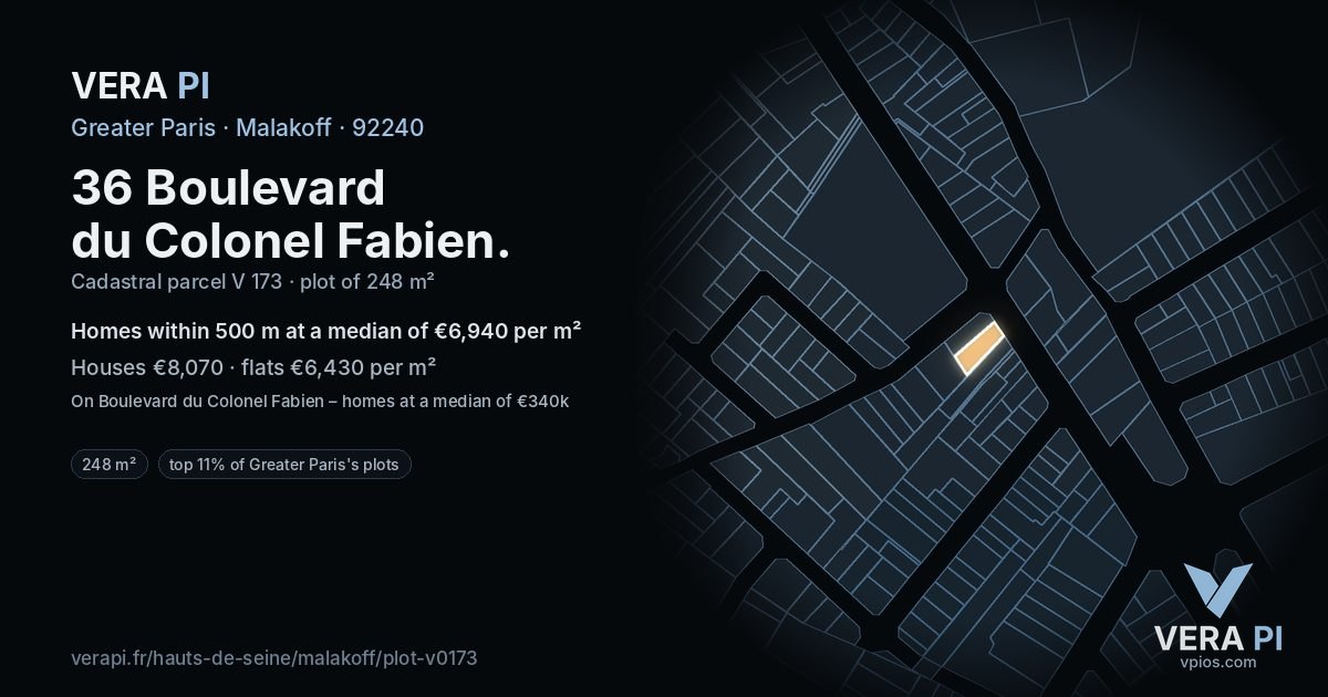 36 Boulevard du Colonel Fabien, Malakoff at night – the plot lit, the parcels around coloured by the prices near them