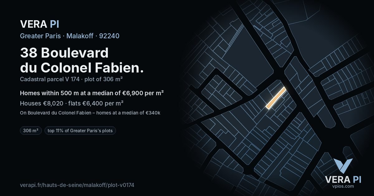 38 Boulevard du Colonel Fabien, Malakoff at night – the plot lit, the parcels around coloured by the prices near them