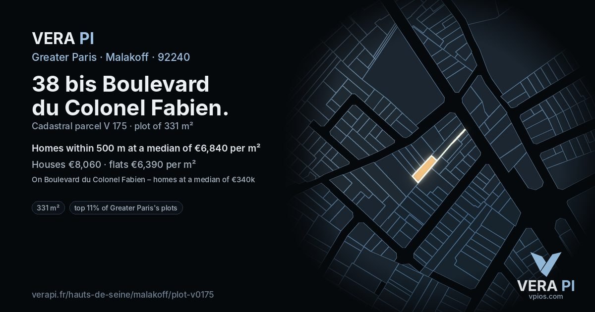 38 bis Boulevard du Colonel Fabien, Malakoff at night – the plot lit, the parcels around coloured by the prices near them