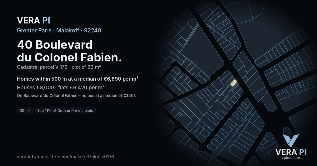 40 Boulevard du Colonel Fabien, Malakoff at night – the plot lit, the parcels around coloured by the prices near them