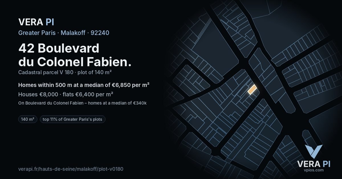 42 Boulevard du Colonel Fabien, Malakoff at night – the plot lit, the parcels around coloured by the prices near them