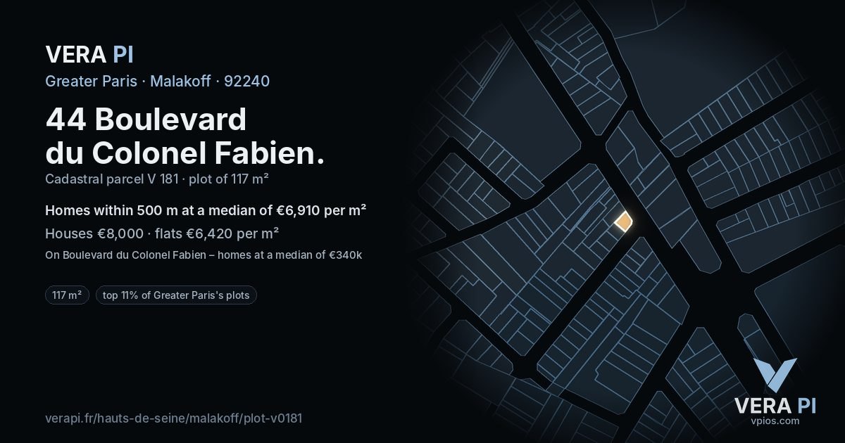44 Boulevard du Colonel Fabien, Malakoff at night – the plot lit, the parcels around coloured by the prices near them