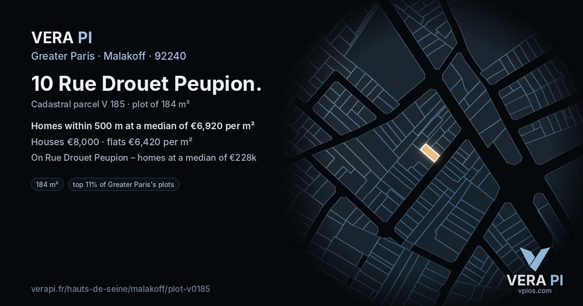 10 Rue Drouet Peupion, Malakoff at night – the plot lit, the parcels around coloured by the prices near them