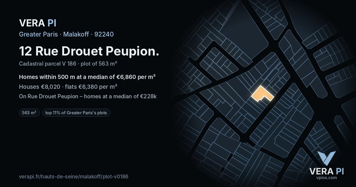 12 Rue Drouet Peupion, Malakoff at night – the plot lit, the parcels around coloured by the prices near them