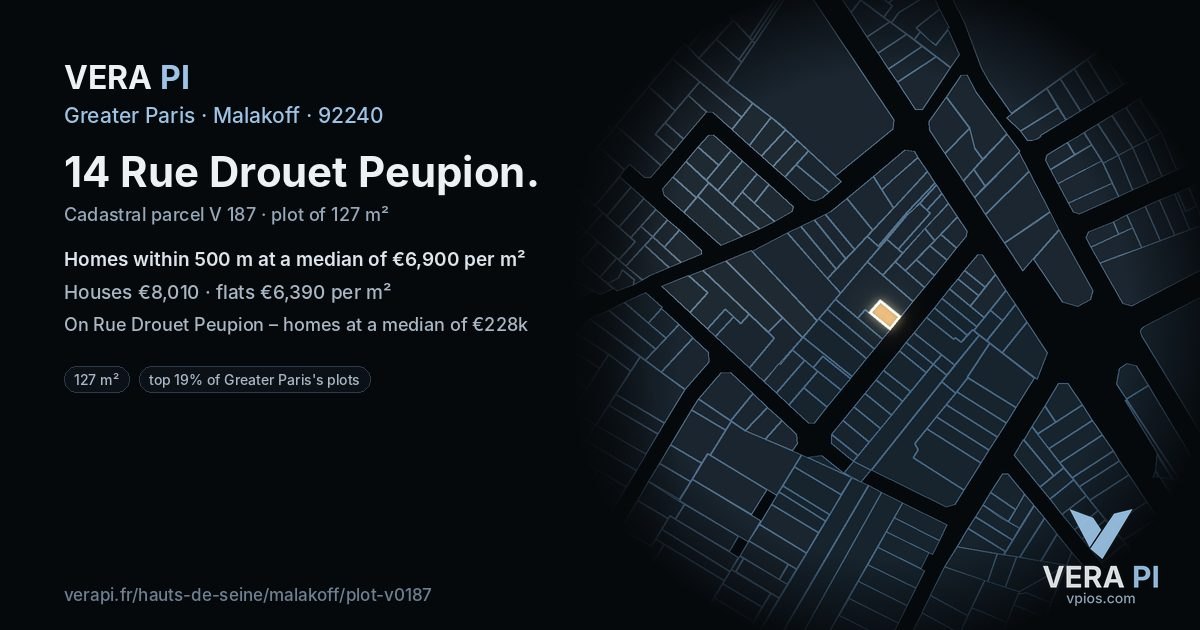 14 Rue Drouet Peupion, Malakoff at night – the plot lit, the parcels around coloured by the prices near them