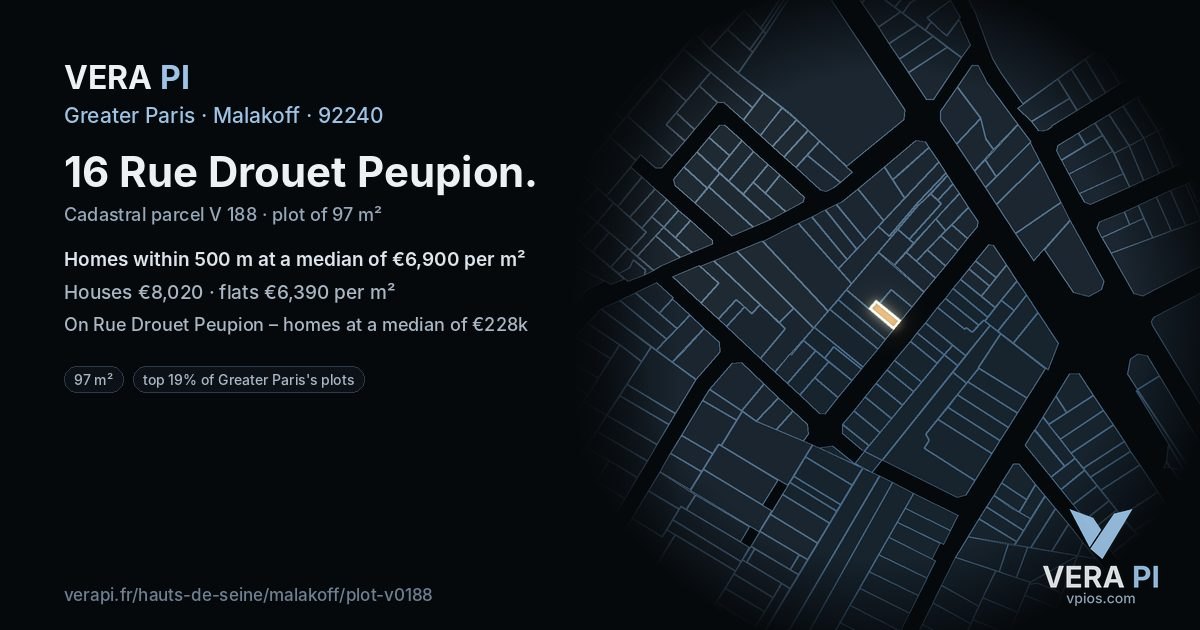 16 Rue Drouet Peupion, Malakoff at night – the plot lit, the parcels around coloured by the prices near them