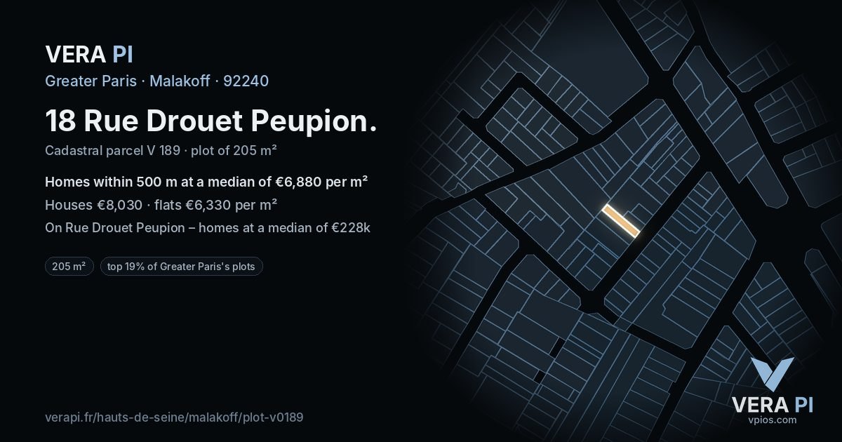 18 Rue Drouet Peupion, Malakoff at night – the plot lit, the parcels around coloured by the prices near them