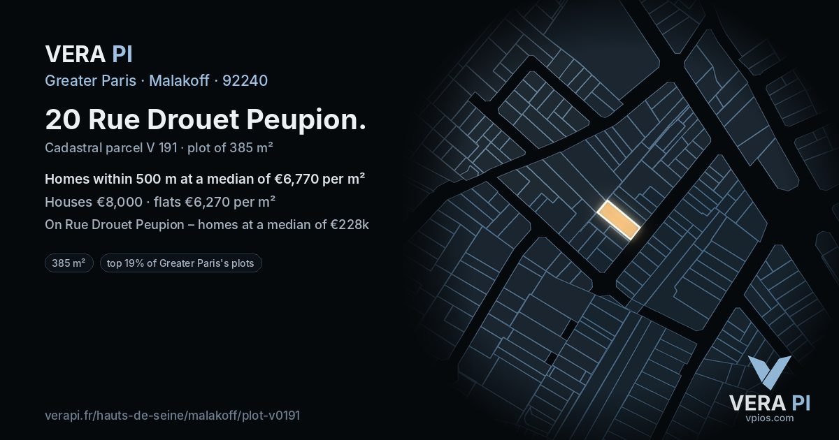 20 Rue Drouet Peupion, Malakoff at night – the plot lit, the parcels around coloured by the prices near them