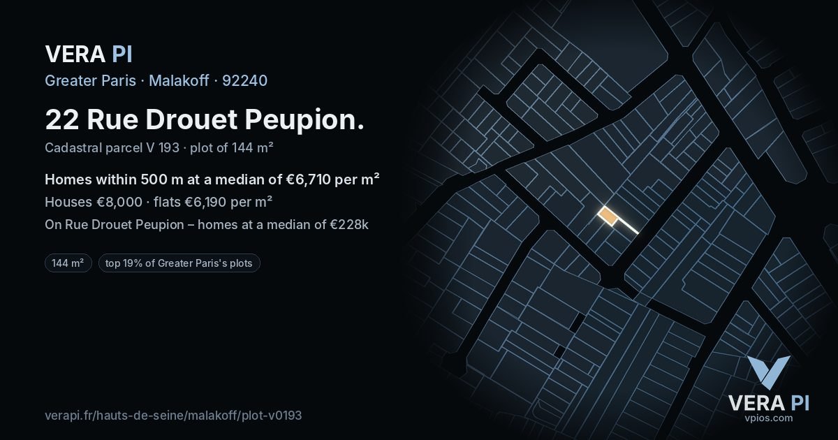 22 Rue Drouet Peupion, Malakoff at night – the plot lit, the parcels around coloured by the prices near them