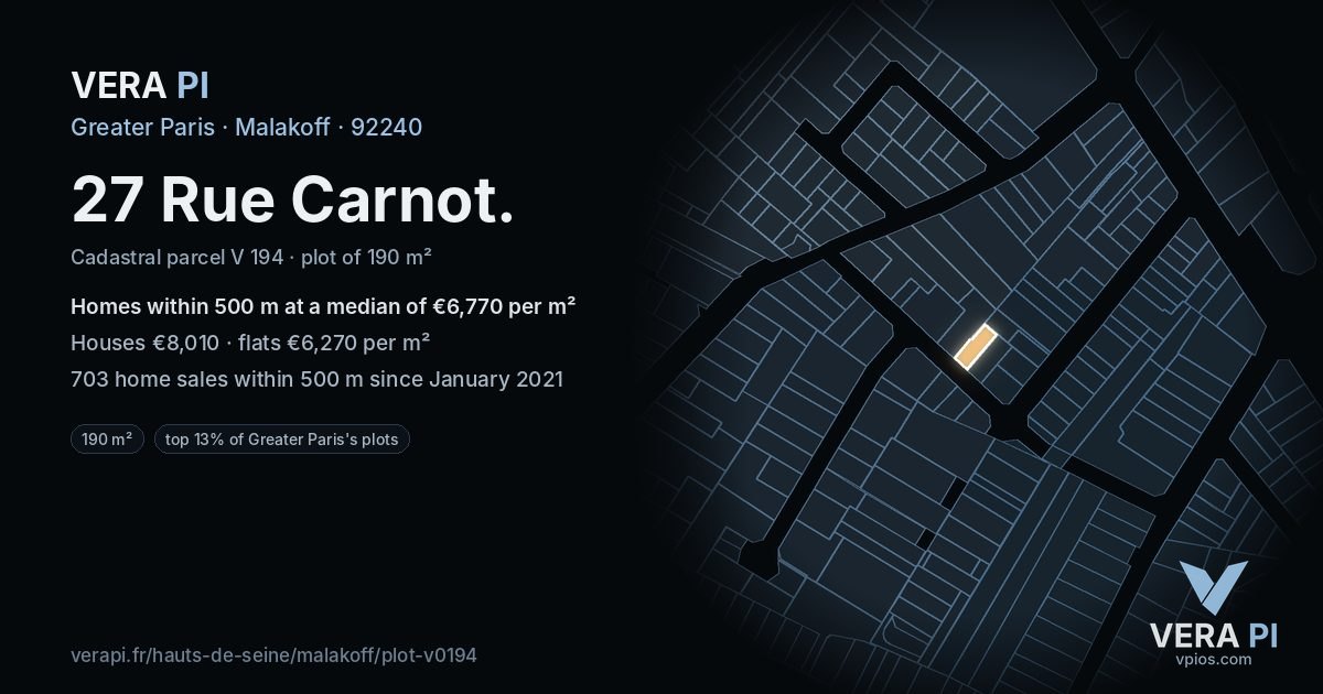 27 Rue Carnot, Malakoff at night – the plot lit, the parcels around coloured by the prices near them