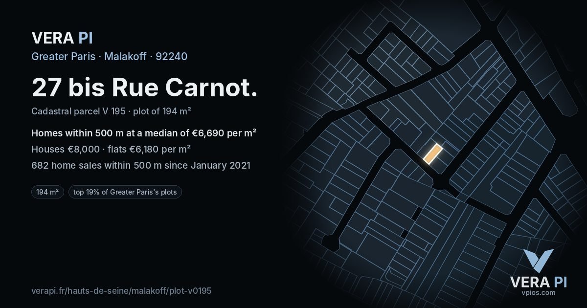 27 bis Rue Carnot, Malakoff at night – the plot lit, the parcels around coloured by the prices near them