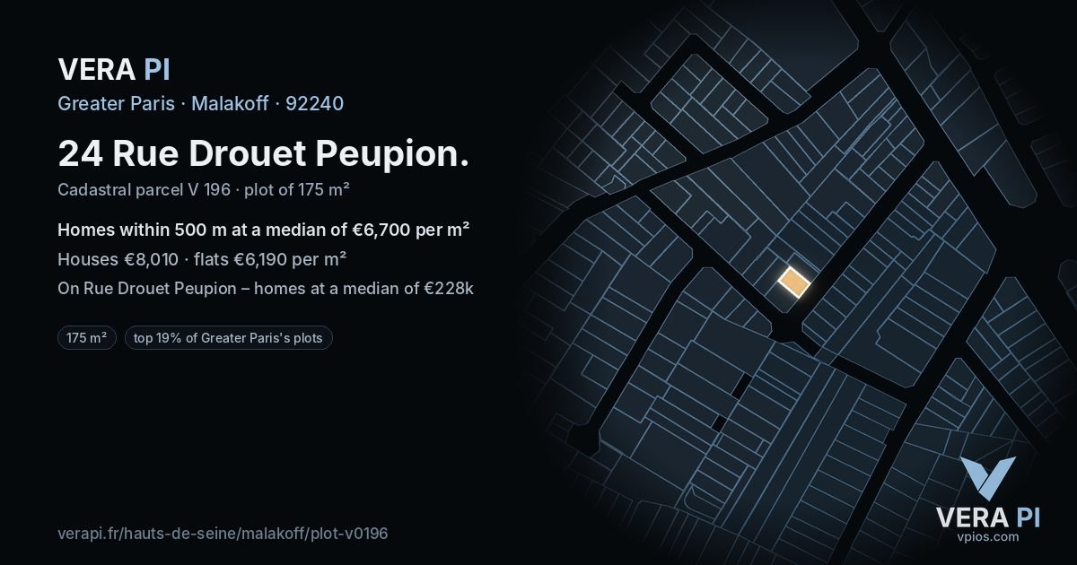 24 Rue Drouet Peupion, Malakoff at night – the plot lit, the parcels around coloured by the prices near them