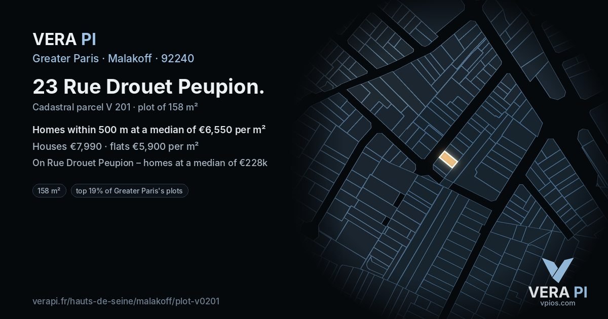 23 Rue Drouet Peupion, Malakoff at night – the plot lit, the parcels around coloured by the prices near them