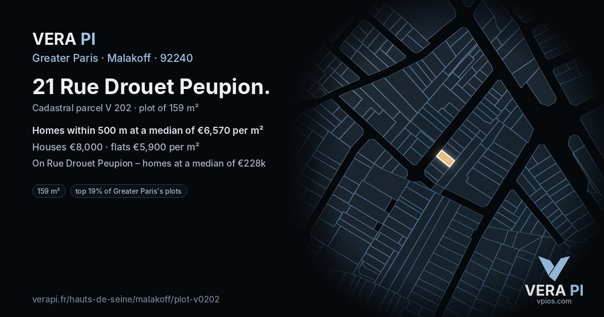 21 Rue Drouet Peupion, Malakoff at night – the plot lit, the parcels around coloured by the prices near them