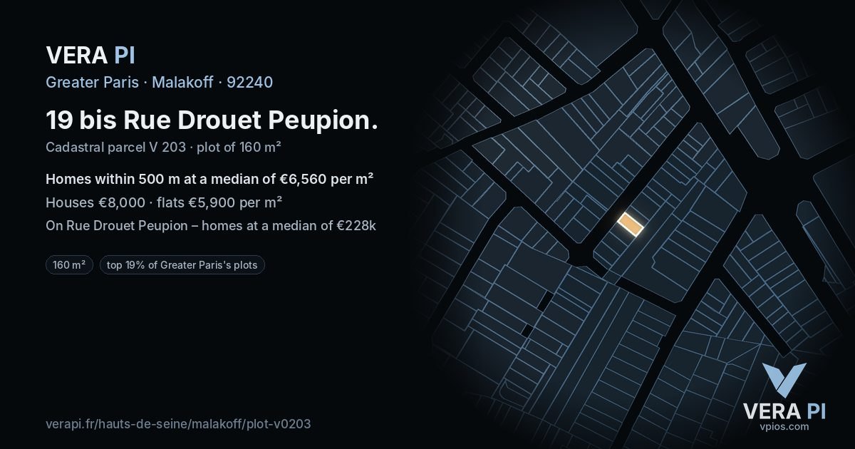 19 bis Rue Drouet Peupion, Malakoff at night – the plot lit, the parcels around coloured by the prices near them