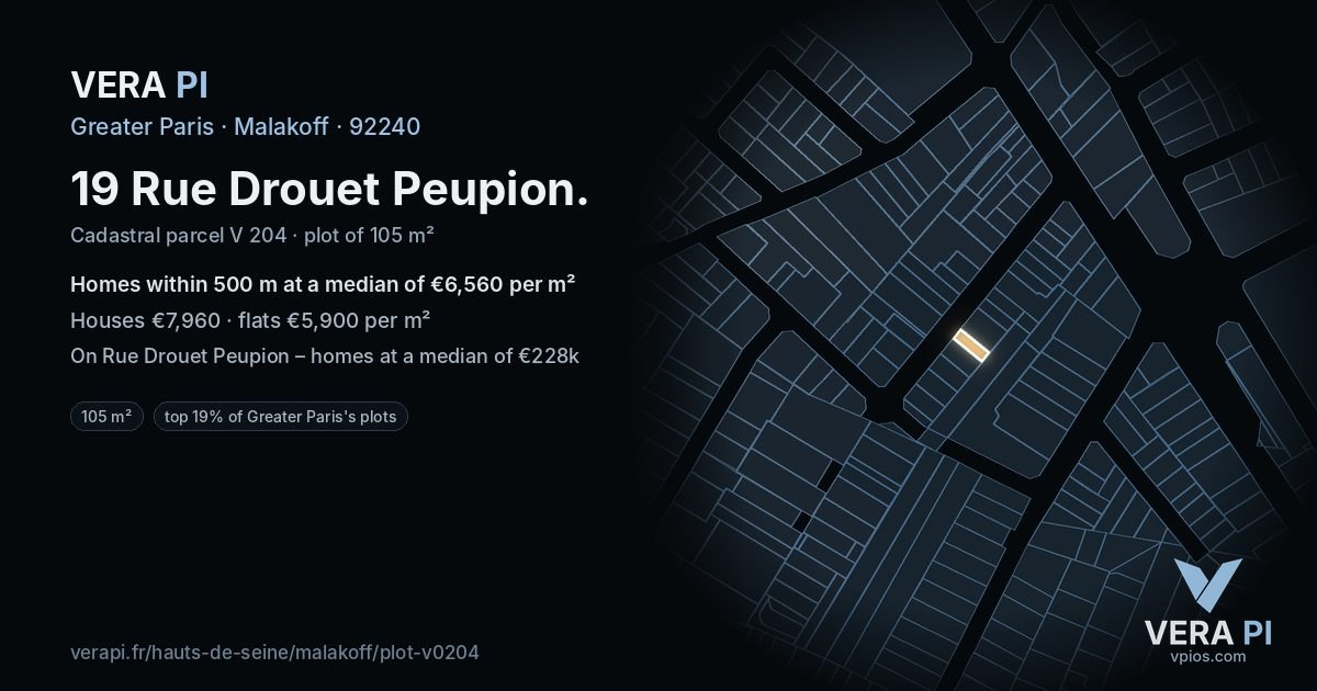 19 Rue Drouet Peupion, Malakoff at night – the plot lit, the parcels around coloured by the prices near them