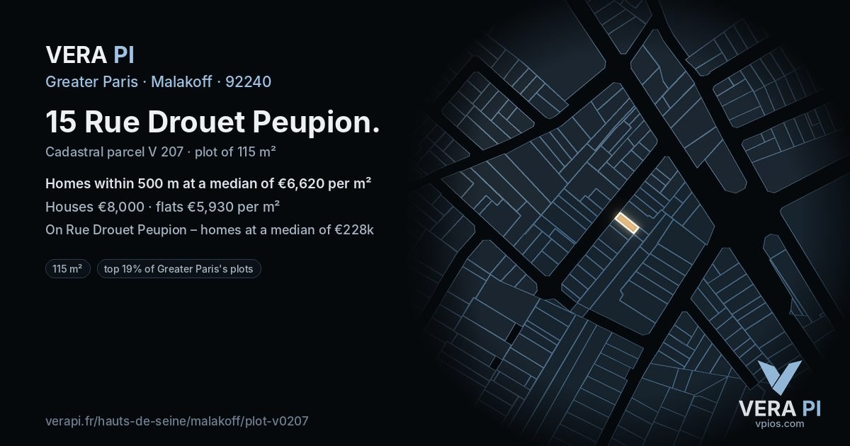 15 Rue Drouet Peupion, Malakoff at night – the plot lit, the parcels around coloured by the prices near them