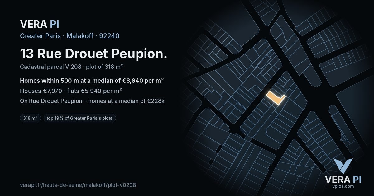 13 Rue Drouet Peupion, Malakoff at night – the plot lit, the parcels around coloured by the prices near them