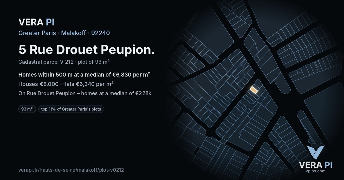 5 Rue Drouet Peupion, Malakoff at night – the plot lit, the parcels around coloured by the prices near them