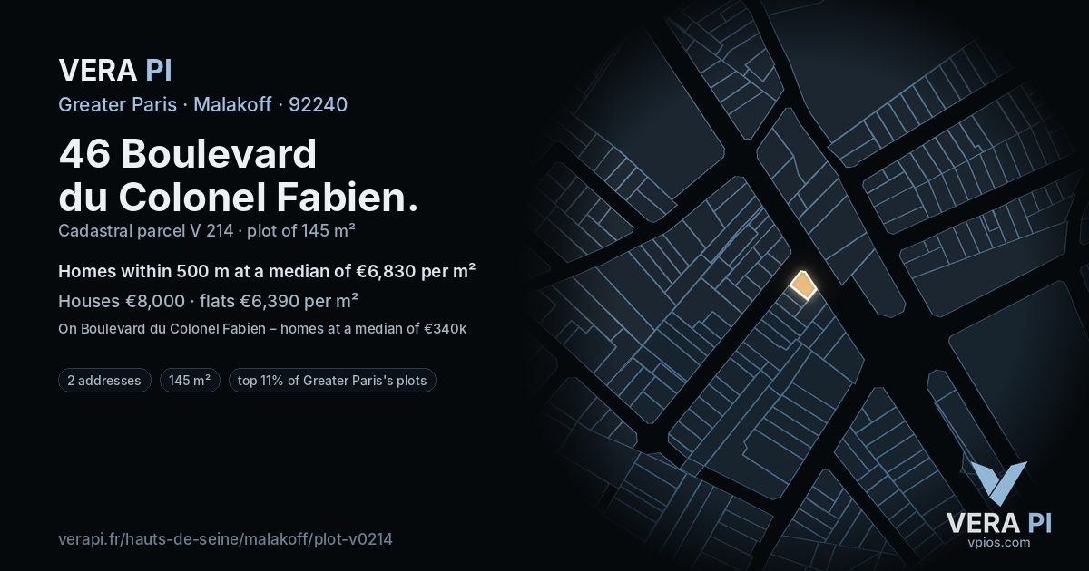 46 Boulevard du Colonel Fabien, Malakoff at night – the plot lit, the parcels around coloured by the prices near them