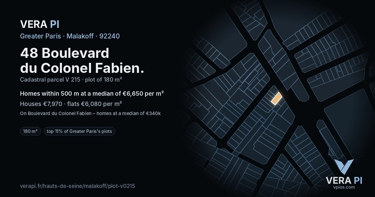 48 Boulevard du Colonel Fabien, Malakoff at night – the plot lit, the parcels around coloured by the prices near them