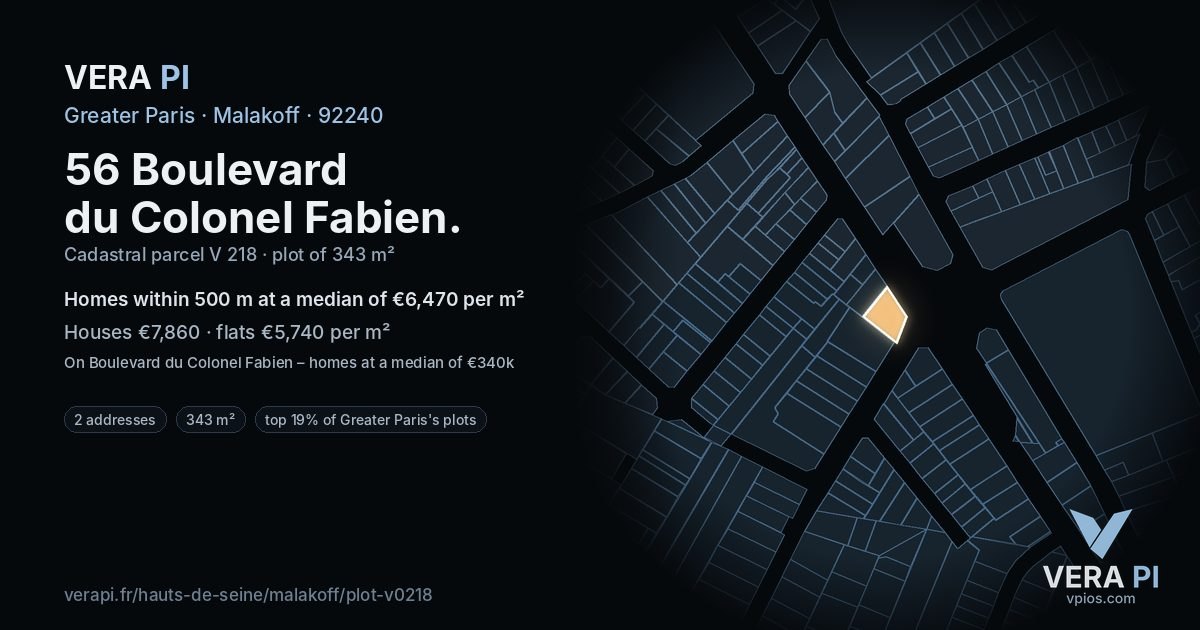 56 Boulevard du Colonel Fabien, Malakoff at night – the plot lit, the parcels around coloured by the prices near them