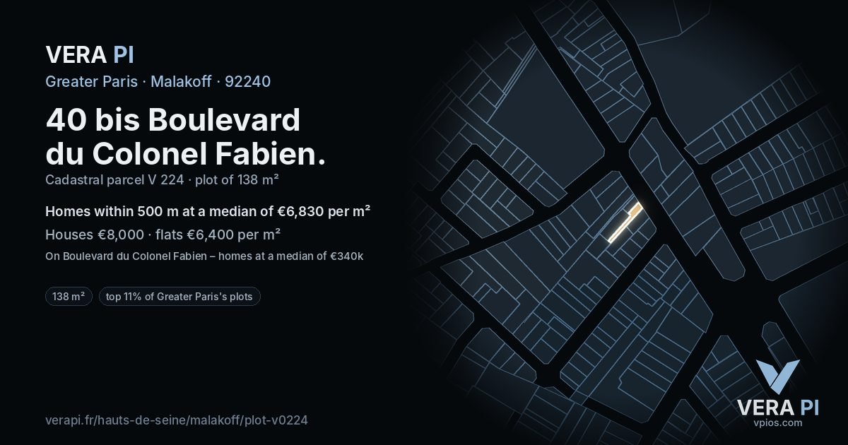 40 bis Boulevard du Colonel Fabien, Malakoff at night – the plot lit, the parcels around coloured by the prices near them