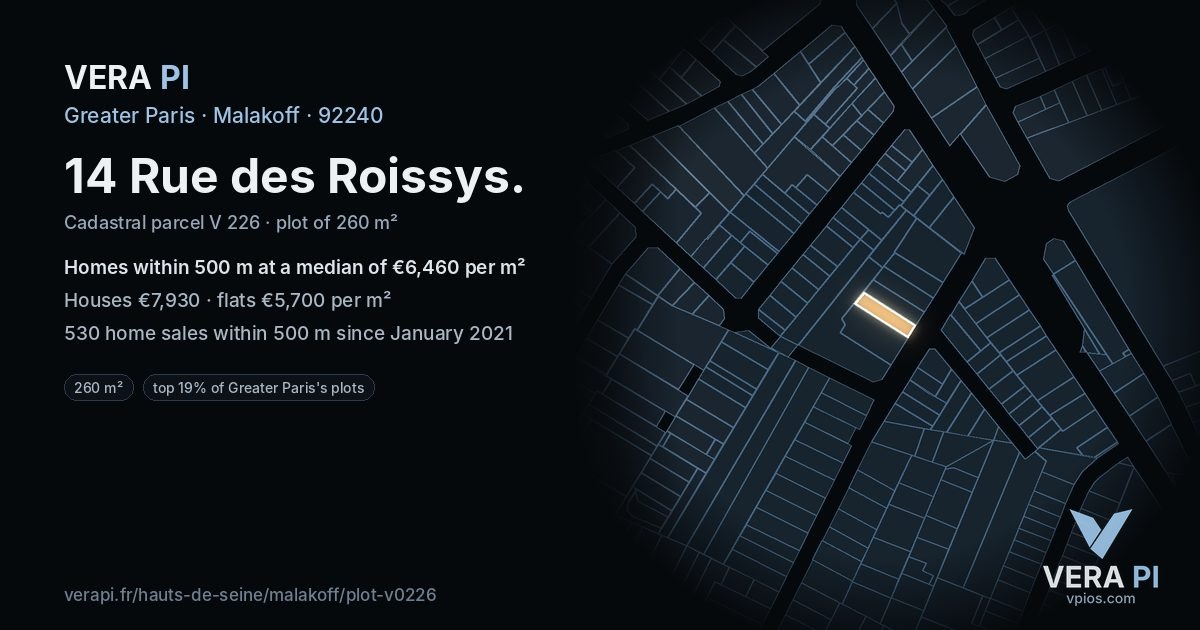 14 Rue des Roissys, Malakoff at night – the plot lit, the parcels around coloured by the prices near them