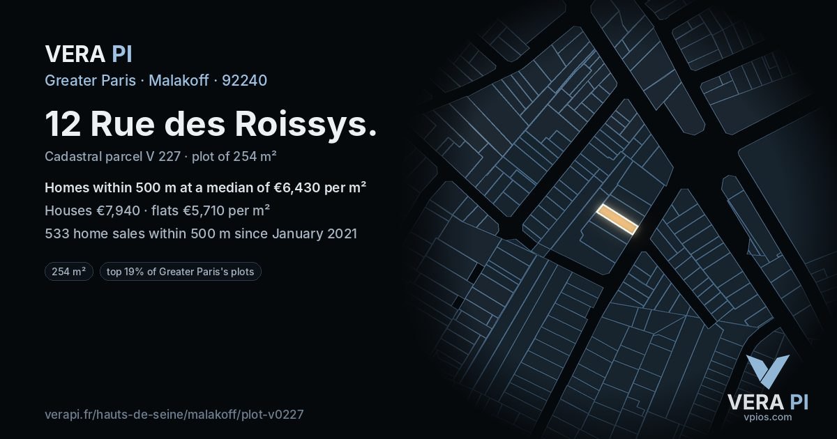 12 Rue des Roissys, Malakoff at night – the plot lit, the parcels around coloured by the prices near them