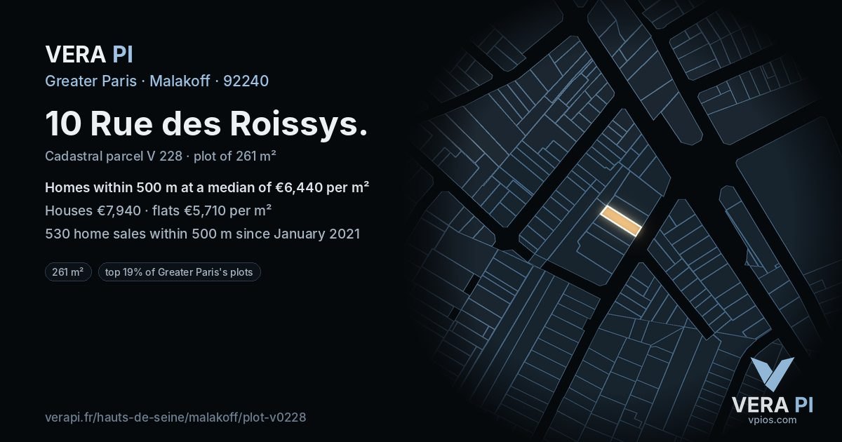 10 Rue des Roissys, Malakoff at night – the plot lit, the parcels around coloured by the prices near them