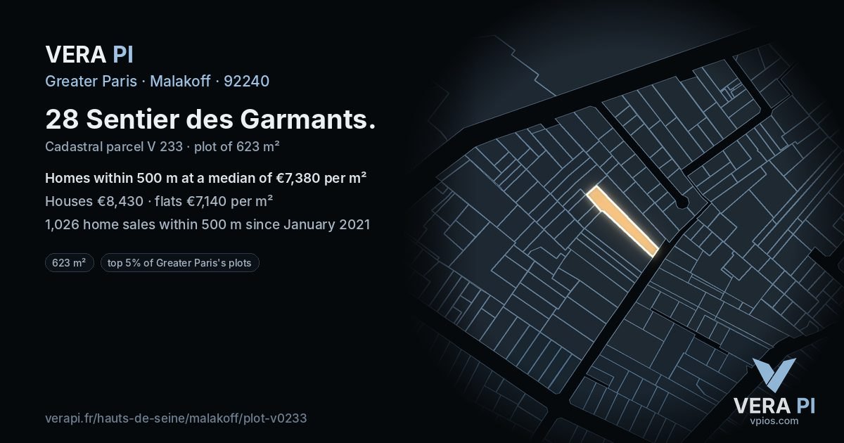 28 Sentier des Garmants, Malakoff at night – the plot lit, the parcels around coloured by the prices near them