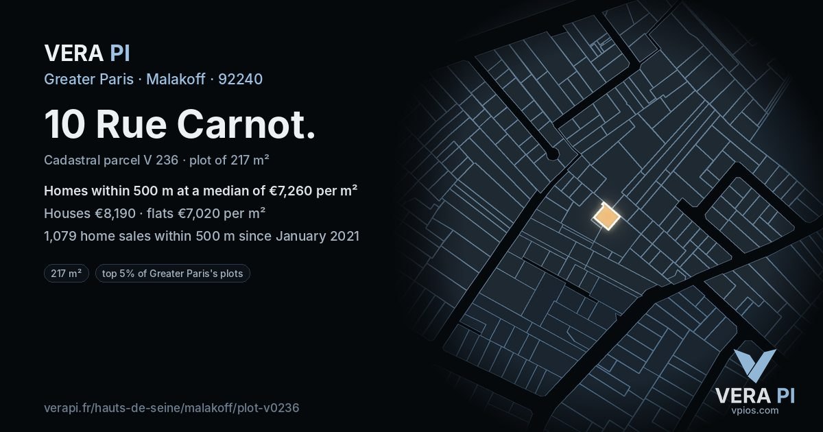 10 Rue Carnot, Malakoff at night – the plot lit, the parcels around coloured by the prices near them
