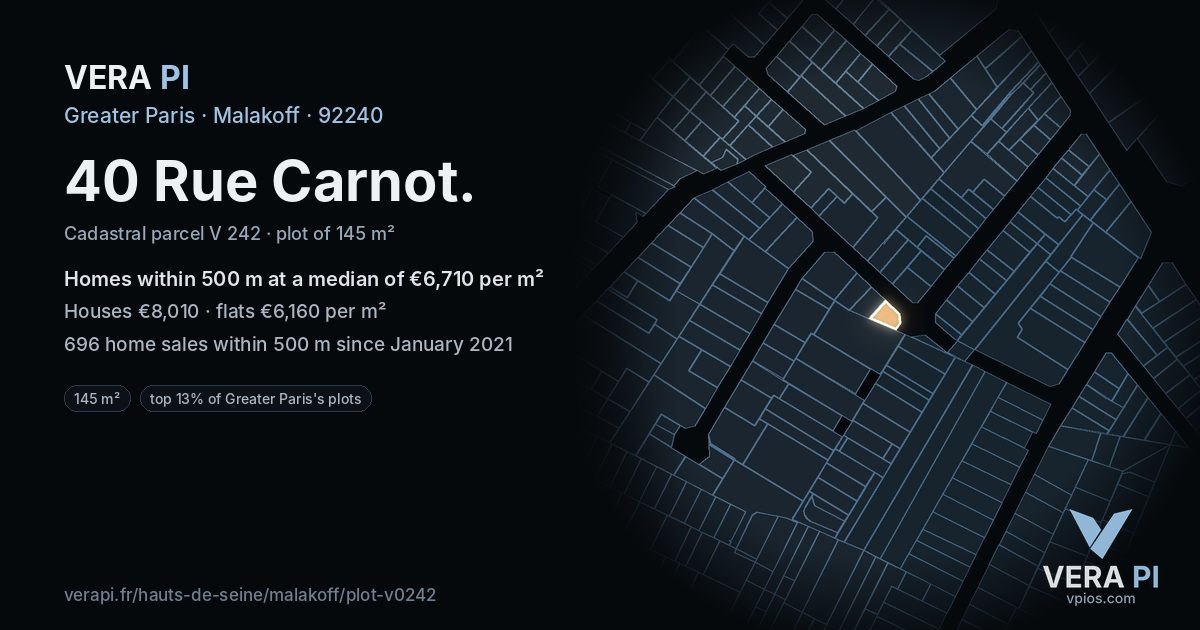 40 Rue Carnot, Malakoff at night – the plot lit, the parcels around coloured by the prices near them