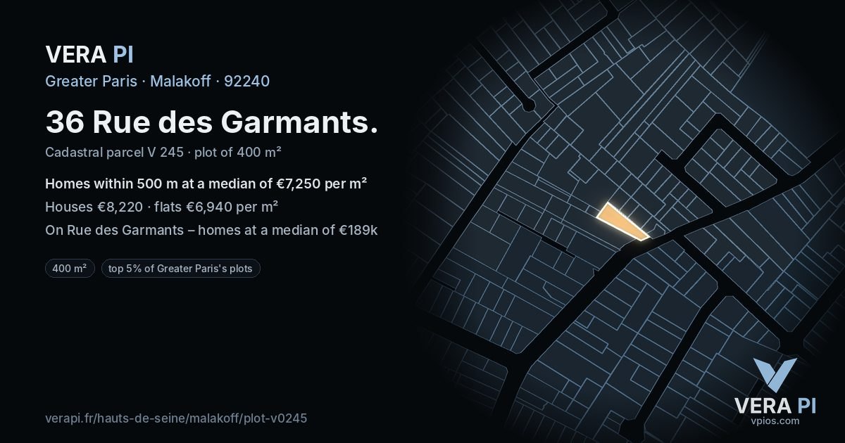 36 Rue des Garmants, Malakoff at night – the plot lit, the parcels around coloured by the prices near them