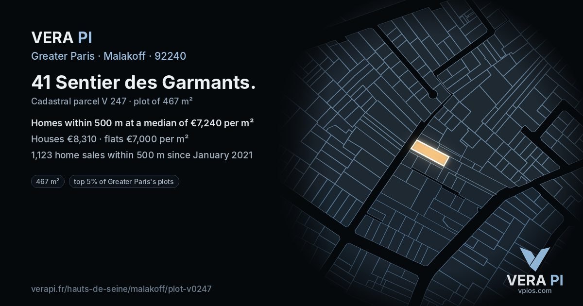 41 Sentier des Garmants, Malakoff at night – the plot lit, the parcels around coloured by the prices near them