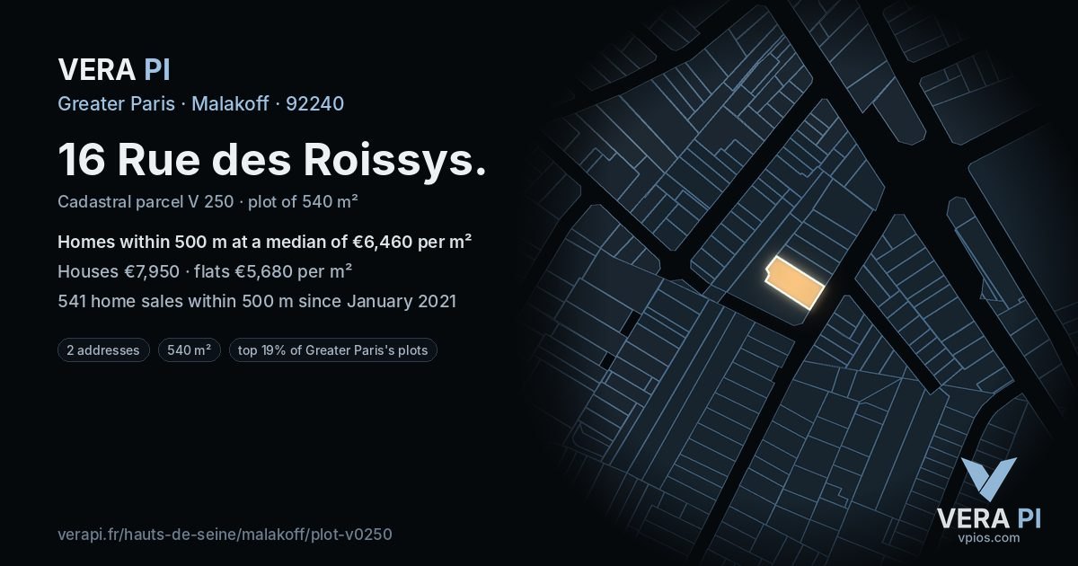 16 Rue des Roissys, Malakoff at night – the plot lit, the parcels around coloured by the prices near them