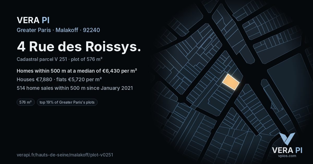 4 Rue des Roissys, Malakoff at night – the plot lit, the parcels around coloured by the prices near them
