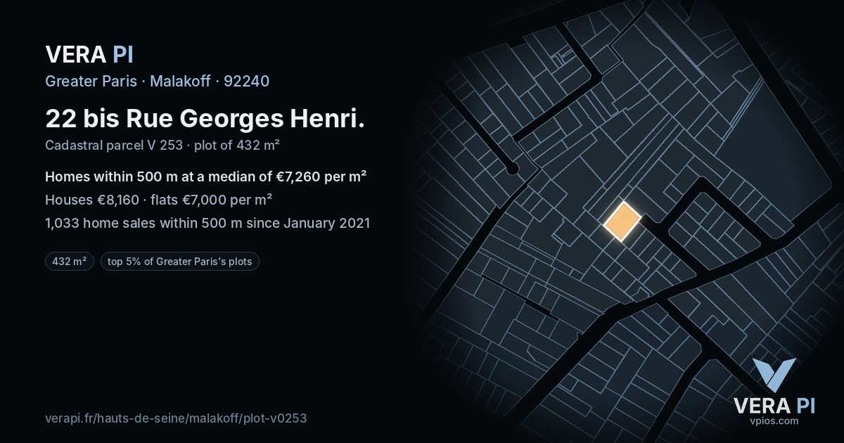 22 bis Rue Georges Henri, Malakoff at night – the plot lit, the parcels around coloured by the prices near them