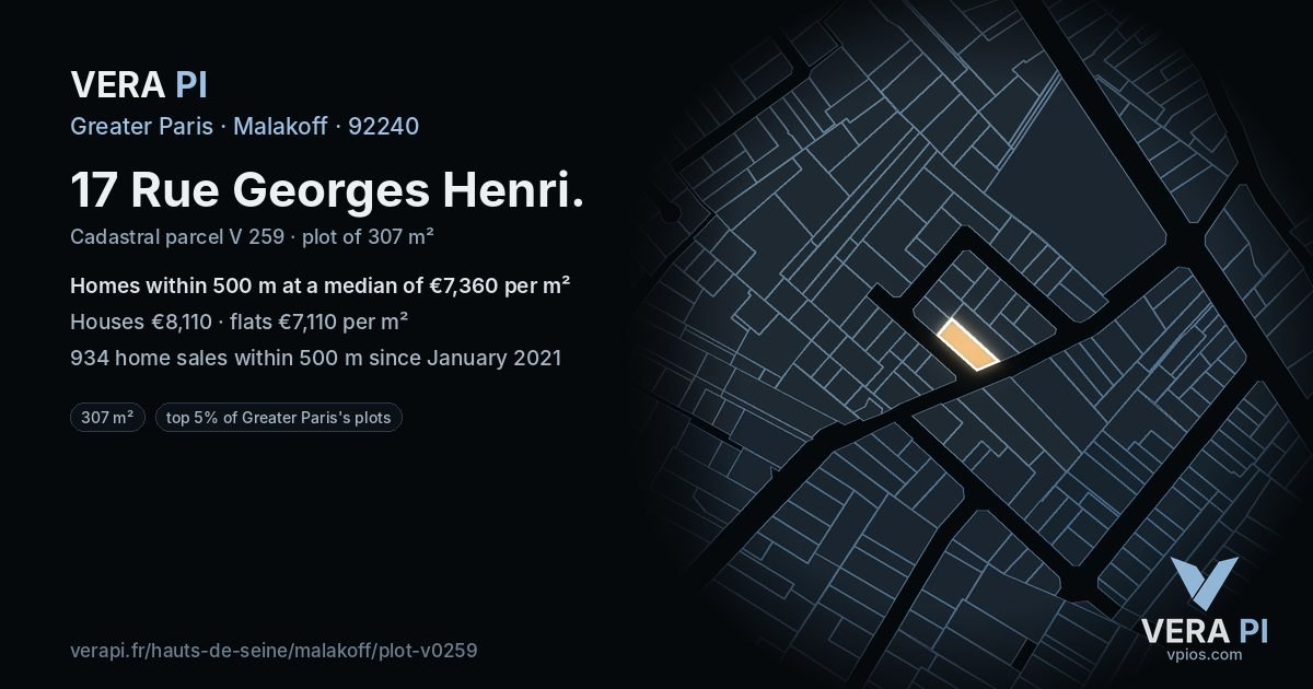 17 Rue Georges Henri, Malakoff at night – the plot lit, the parcels around coloured by the prices near them