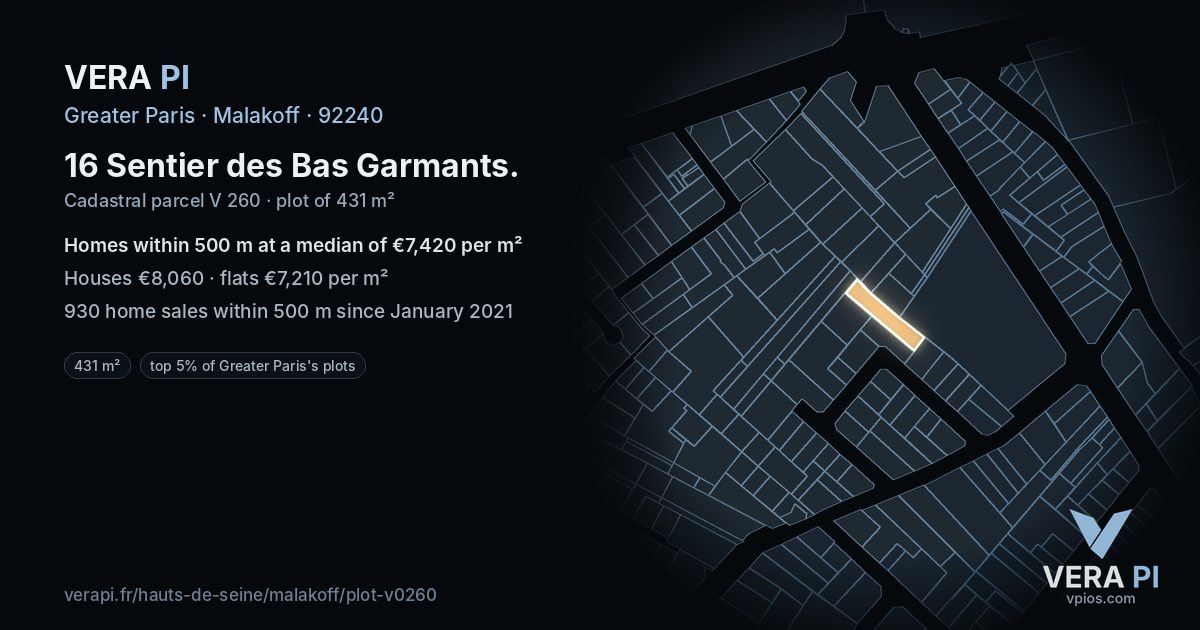 16 Sentier des Bas Garmants, Malakoff at night – the plot lit, the parcels around coloured by the prices near them