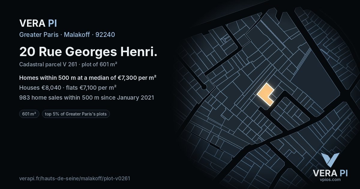 20 Rue Georges Henri, Malakoff at night – the plot lit, the parcels around coloured by the prices near them