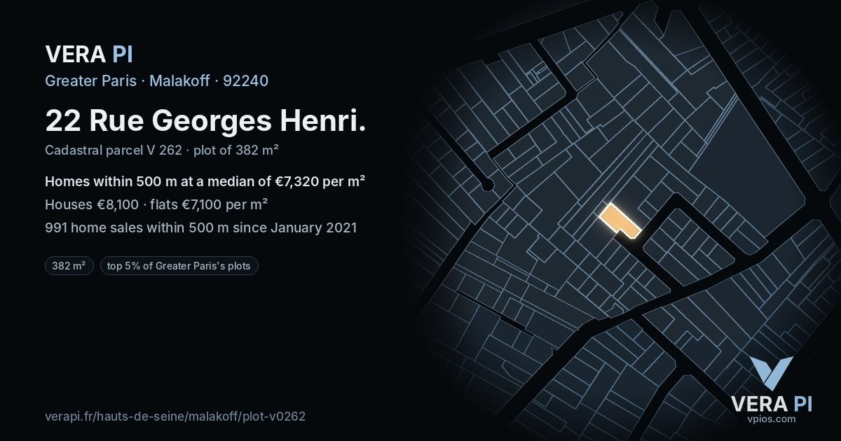 22 Rue Georges Henri, Malakoff at night – the plot lit, the parcels around coloured by the prices near them