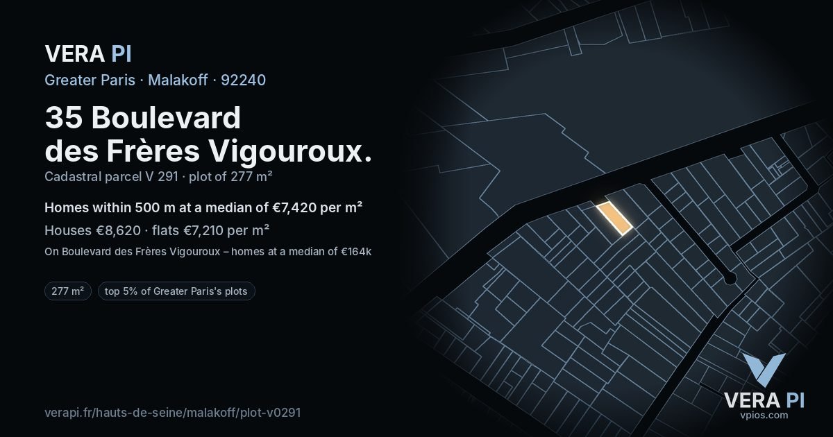 35 Boulevard des Frères Vigouroux, Malakoff at night – the plot lit, the parcels around coloured by the prices near them