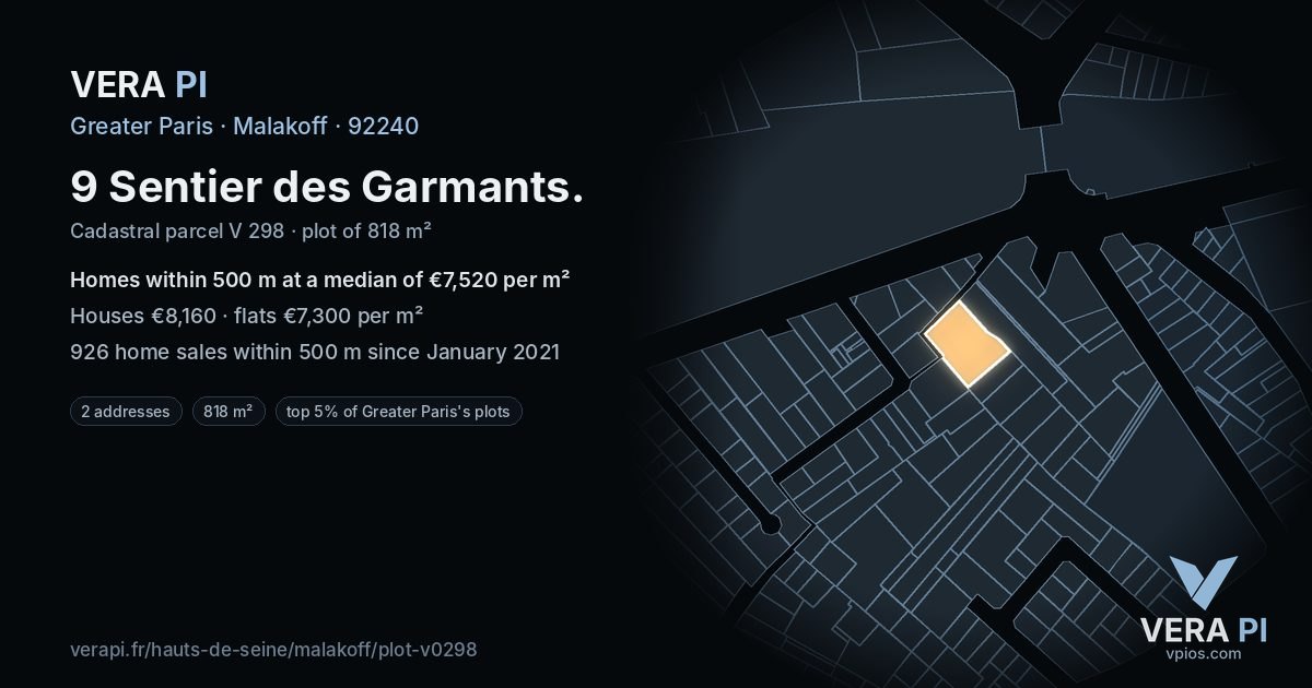 9 Sentier des Garmants, Malakoff at night – the plot lit, the parcels around coloured by the prices near them
