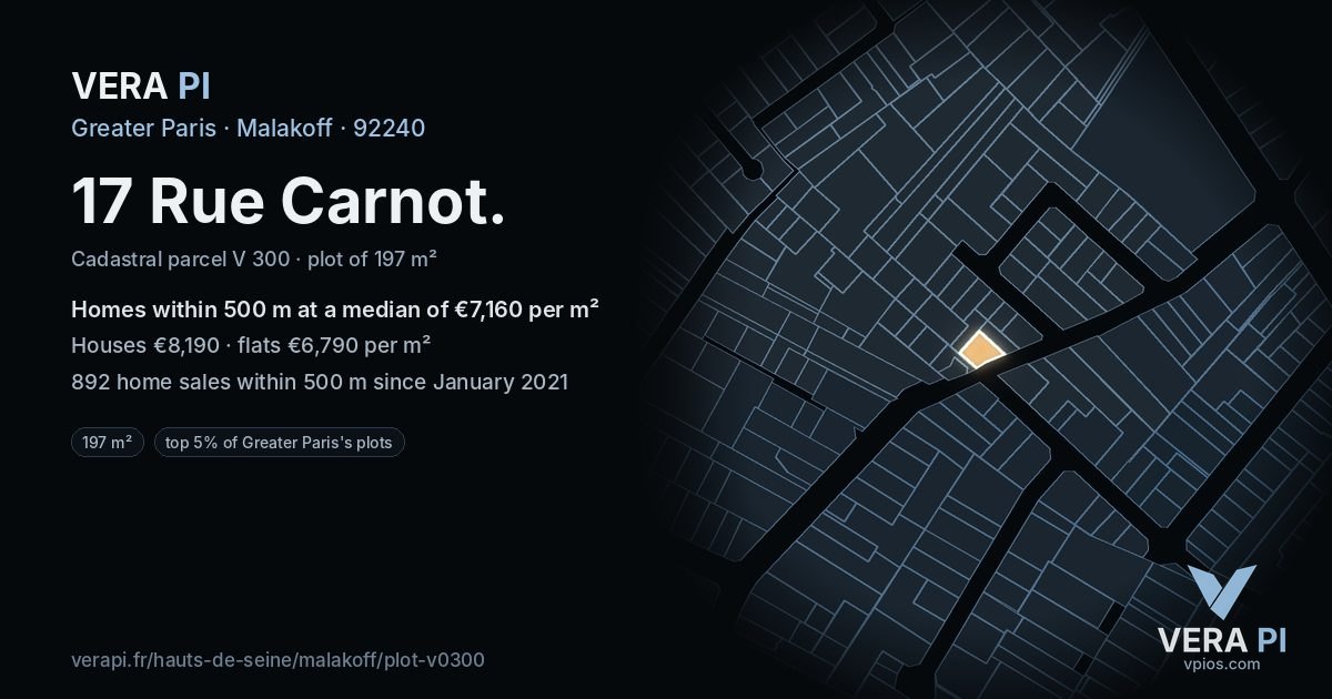 17 Rue Carnot, Malakoff at night – the plot lit, the parcels around coloured by the prices near them