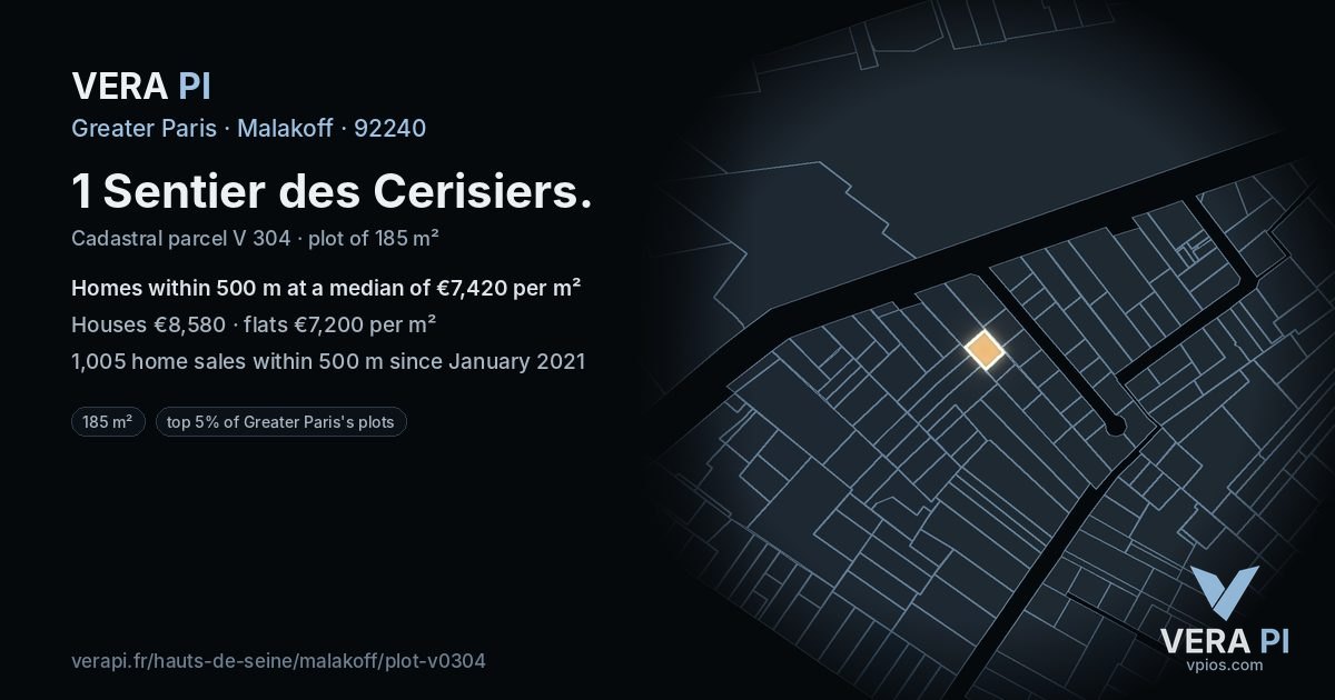 1 Sentier des Cerisiers, Malakoff at night – the plot lit, the parcels around coloured by the prices near them