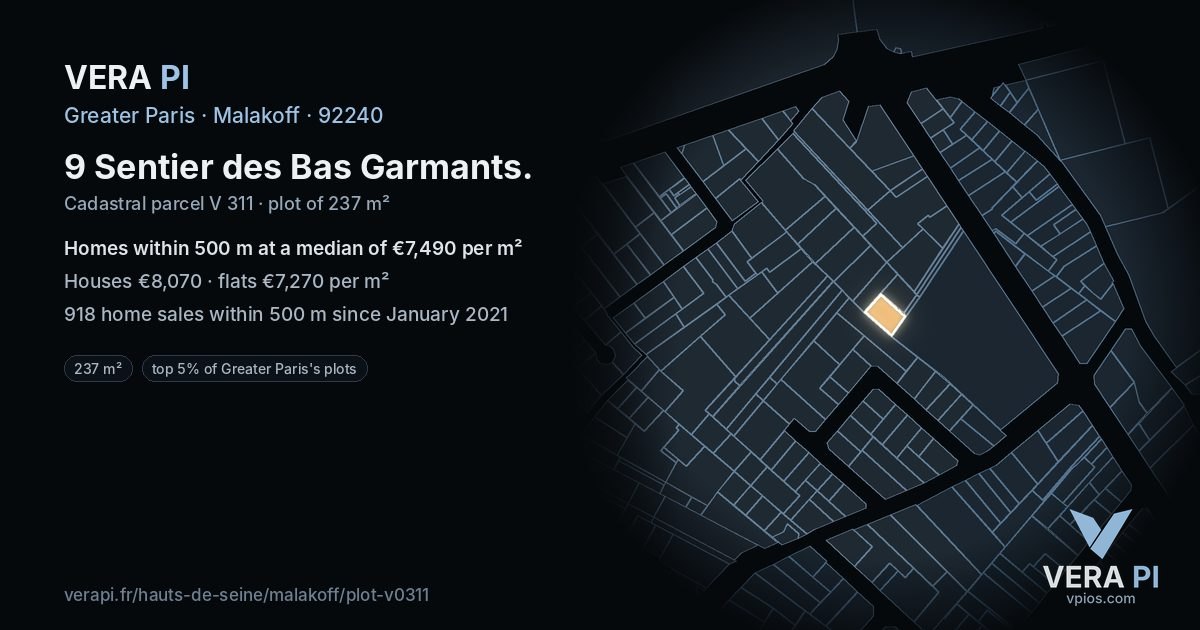 9 Sentier des Bas Garmants, Malakoff at night – the plot lit, the parcels around coloured by the prices near them